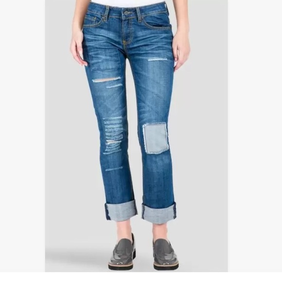 Modcloth Standard & Practices Patched Shredded Stretch Retro Boyfriend Jeans 31 - Picture 1 of 7